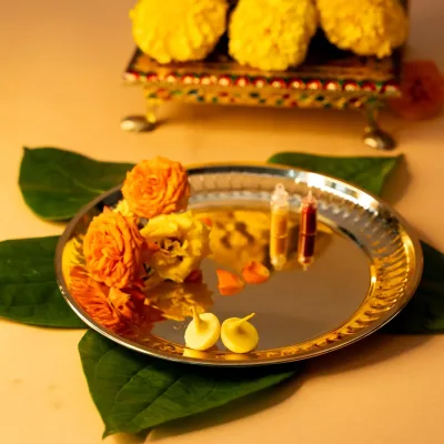 PrettyKrafts Pooja Thali Big Size  8.2 inch Brass Plate for Puja Golden Thali for Pooja Plate
